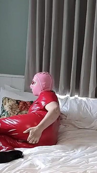 Hot Masked Cumslut in Full Red Pvc Catsuit
