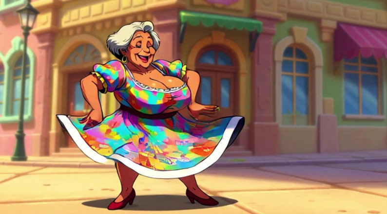 Huge Boobs: Nenek bertetek besar menari animasi