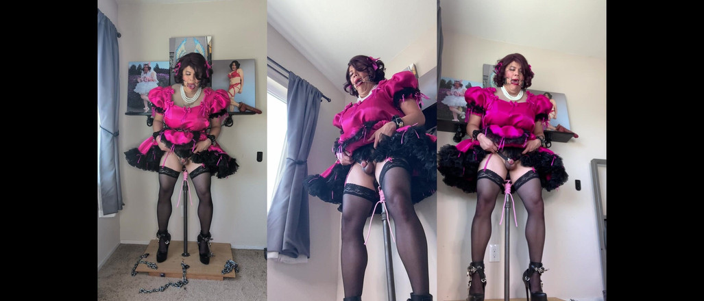 Sissy Candy: Servitoarea roz Sissy Candy este blocată pe vibratorul ei stand și...