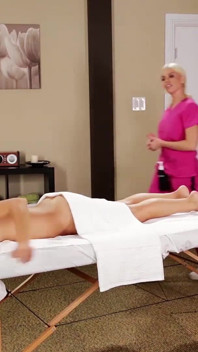 Hot blonde masseuse licking exotic pussy
