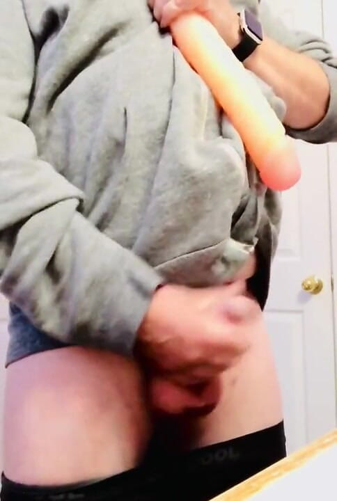 Kinky horny gay bois: Comparing his little peanut to a big fat juicy dildo