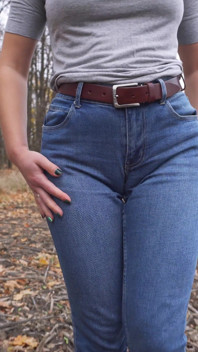 MILF Teasing Her Big Cameltoe in Blue Jeans Outdoors