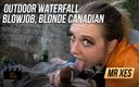 Mr. XES: Outdoor waterfall blowjob, blonde Canadian almost gets caught