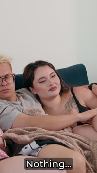 Step Sis Gives Her Step Brother a Secret Blowjob Under the Blanket While His Girlfriend Watches the Movie