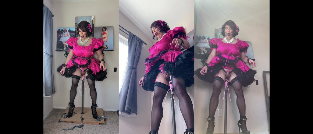 Sissy Candy: Pinke sissy-zimmermädchen candy wird an ihrem dildostand eingesperrt und reitet...