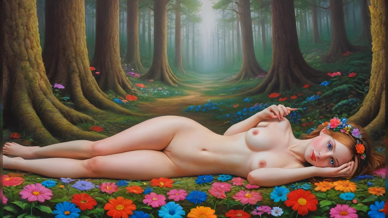 LustRender: 色とりどりの庭に横たわる裸のエルフの女の子