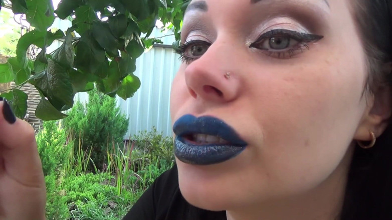 Goddess Misha Goldy: Covering Alex with blue shiny lipstick kisses all over his...