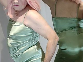 Sissy in satin: Sexy green satin dress and heels.