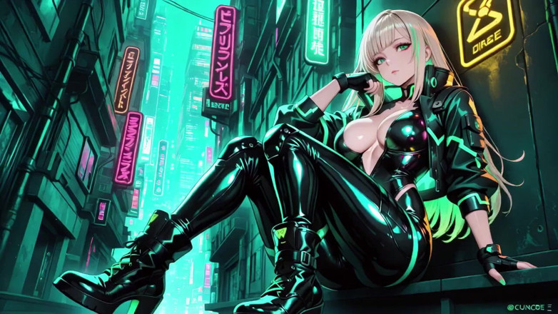 Tay Swift X: Neon Rain Night! Blonde Agent in Wet Leather Crouching Low,...