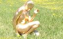 Fetish Islands: Sexy ebony babe in skintight golden spandex catsuit posing outdoor