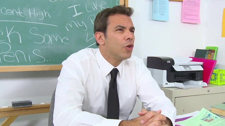 Innocent High: Big boobs babe sucks teachers cock to get extra credit