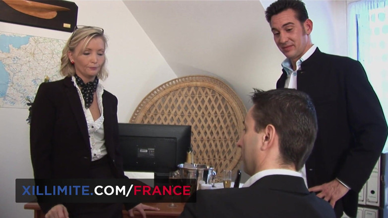 Made In France: Threesome at the office with a cougar in stockings