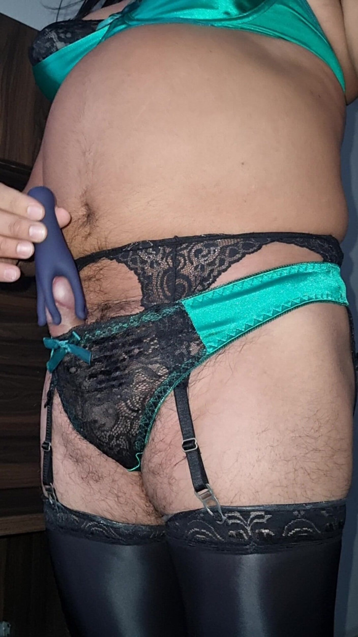 My panties: Green Satin Tights with Black Lace, Sissycum with Vibrator
