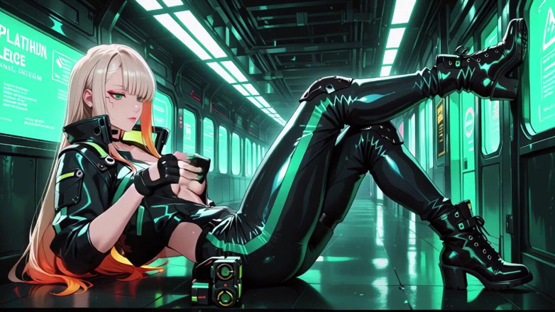 Tay Swift X: Neon Rain Night! Blonde Agent in Wet Leather Crouching Low,...