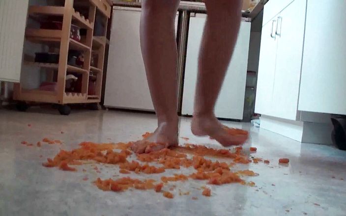 Foot Girls: Close up of trampling food in the kitchen