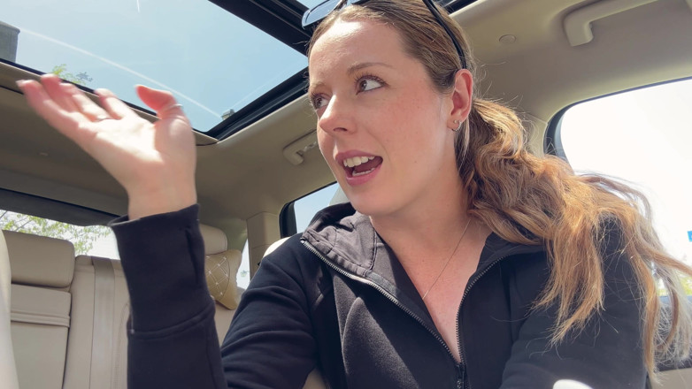 Nadia Foxx: Masturbating with a pink dildo in the back seat of...
