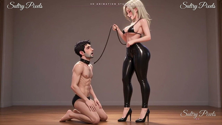 Sultry Pixels 3D: Vysoká latexová blondýnka vede svého límečkového muže za vodítko - noha...