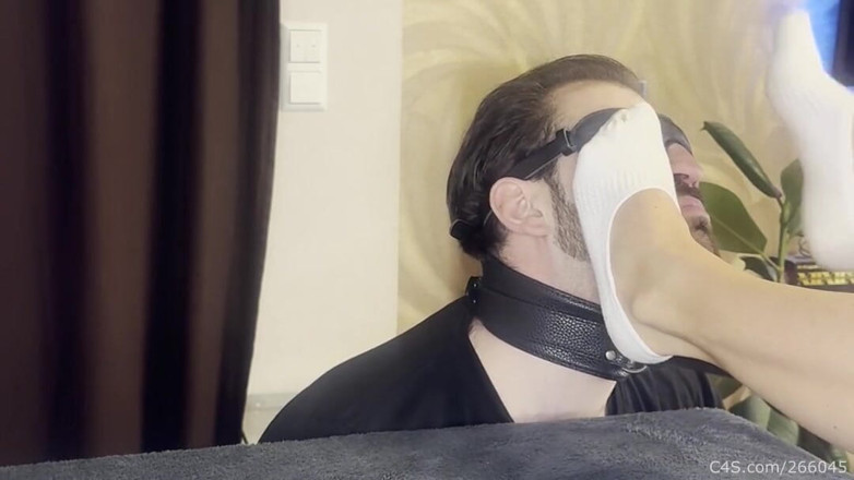 Deep Sole Devotion: Blindfolded Foot Slave on a Leash - Smelly Socks Domination Part 1
