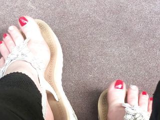 Goddess Misha Goldy: Sandals teasing outdoor with red toenails &amp; toes wiggling