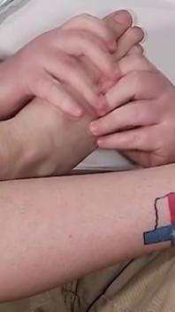 A Blonde with Big Tits Is Stroking His Tiny Dick