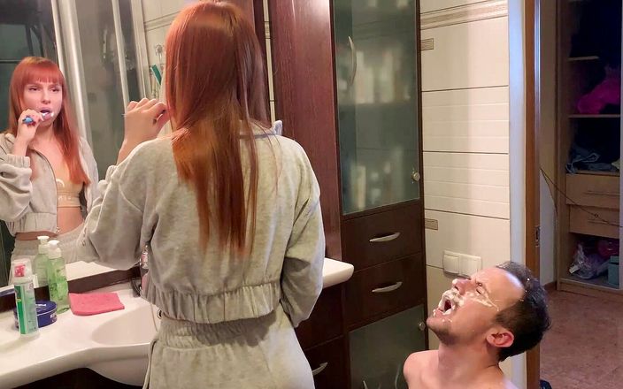Petite Princesses FemDom: Redhead girl brushes her teeth and spits in slave&amp;#039;s mouth -...