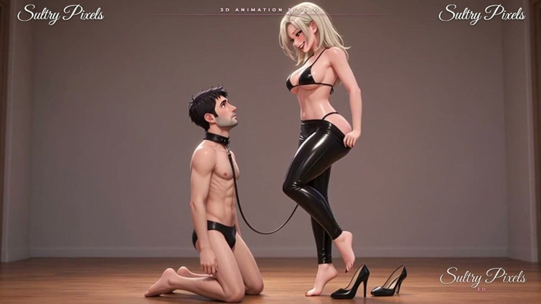 Sultry Pixels 3D: Uzun boylu lateks sarışın tasmalı adamı tasmasına sokuyor - ayak ağzında