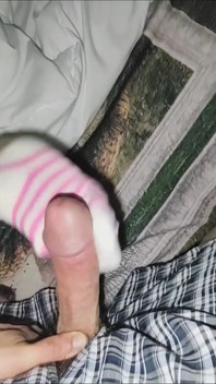 Hot Pink & White Striped Sockjob Sock Handjob - Cum on Socks