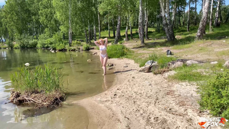 Sweetie Fox: Girl loves to swim naked and caress pussy outdoor