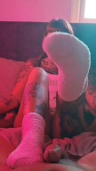 Pink Fluffy Sockjob Ends with Cum on Socks