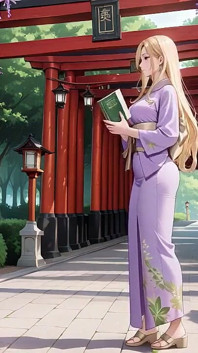Blonde in Lavender! Kneeling Barefoot Under the Red Torii Gate, Her Andouf Fluttering in the Breeze