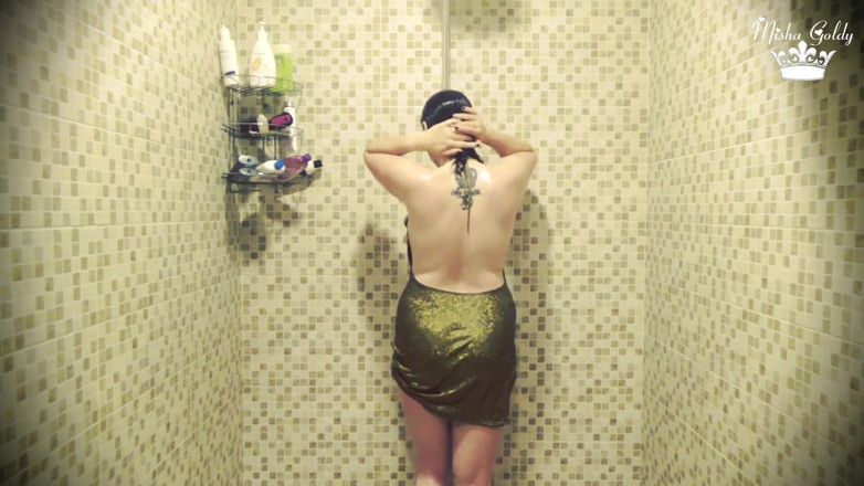 Goddess Misha Goldy: Dripping wet in clothes on shower &amp; seductive hair washing