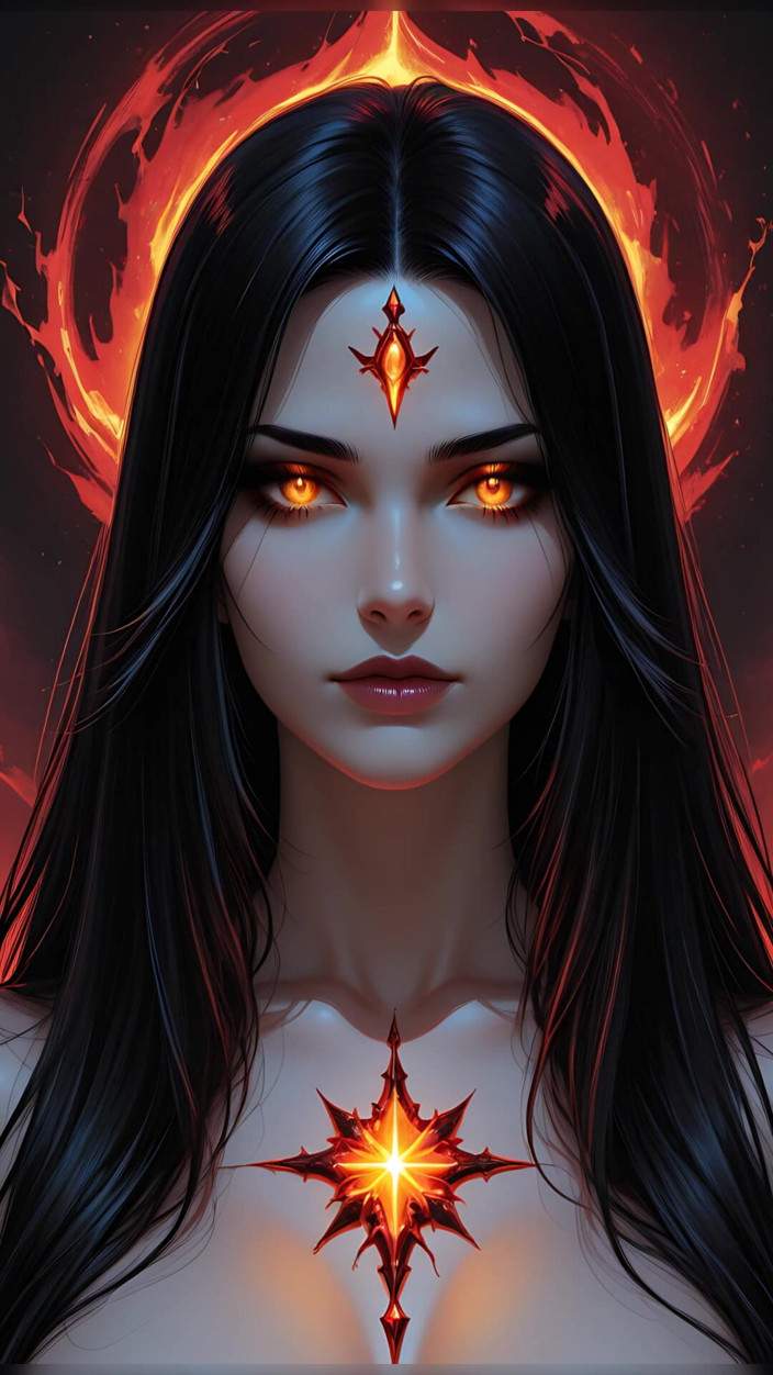 VelvetInk Studio: Shadow Assassin Warrior Woman with Jet Black Hair and Amber...