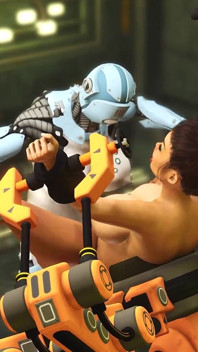 I just want your dick! Robot shemale fucks a sexy cuffed busty brunette in the sci-fi lab