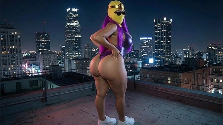 Animate golden: Petite Big Ass Purple Superheroine Twerking on the Rooftop
