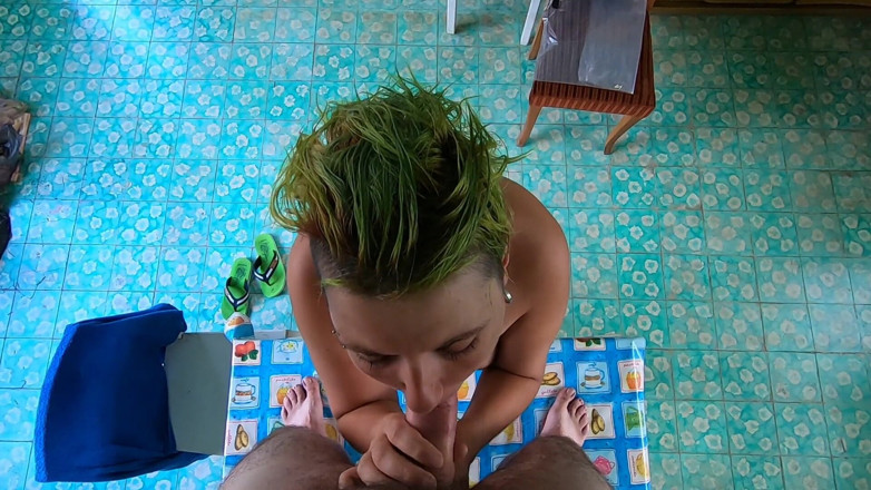 bekycarril: Cock sucking with cum swallow, standing on table