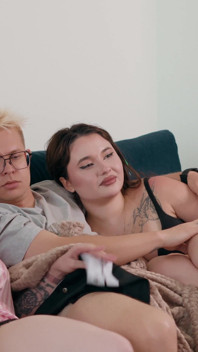 Step Sis Gives Her Step Brother a Secret Blowjob Under the Blanket While His Girlfriend Watches the Movie