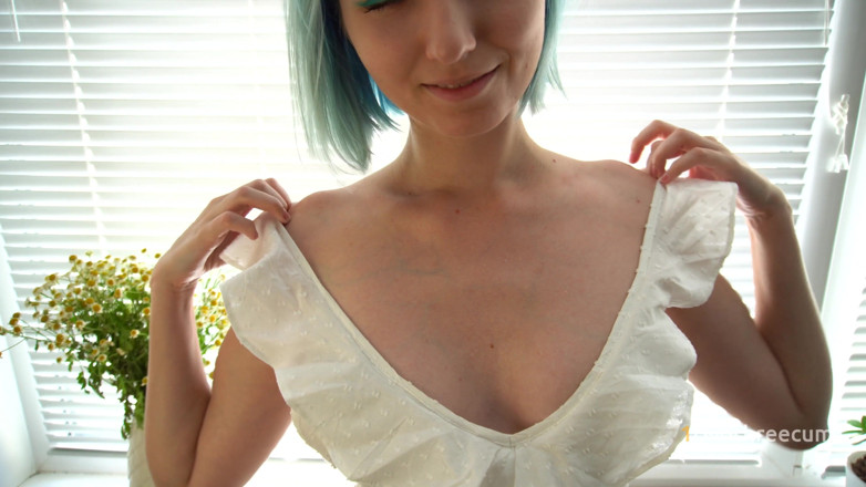 1twothreecum: Blue haired babe in cute dress teases and plays with...