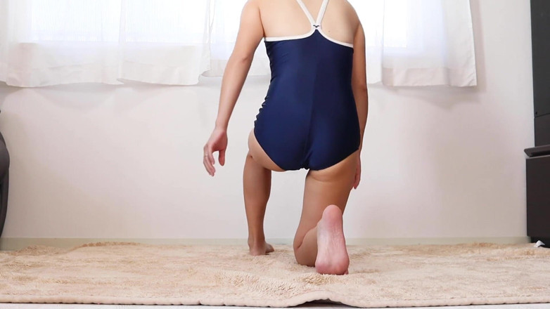 Sexy yoga: Small tall perverted woman stretches yoga in swimming competition swimsuit...