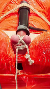 Merciless Cock Milking (tight Shiny Red Plastic Mummificaton and Remote Anal Stimulation)