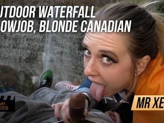 Mr. XES: Outdoor waterfall blowjob, blonde Canadian almost gets caught