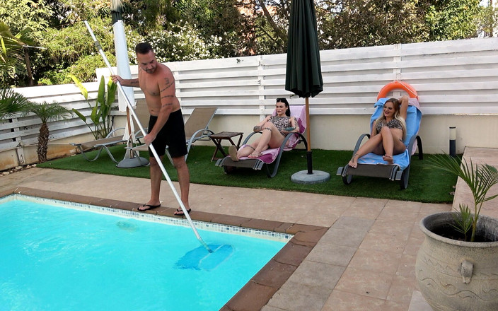Lina Mila: Poolboy Fucked?! Cum Facial for Naughty Threesome Sluts!