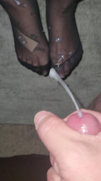 Huge Cumshot on Feet After Blowjob From Latina Wife While She Wears Stockings and Sexy Lingerie