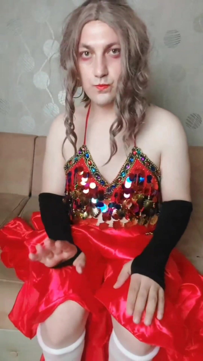 Kitty_Cross: Belly Dancer Femboy in Red Seductive Dress
