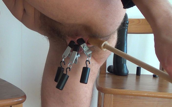 FTM hairy pussy BDSM: Big horny cunt clamped shut and poked