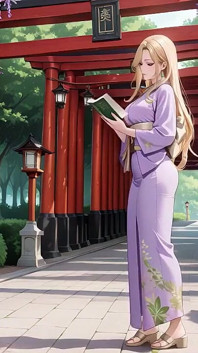 Blonde in Lavender! Kneeling Barefoot Under the Red Torii Gate, Her Andouf Fluttering in the Breeze