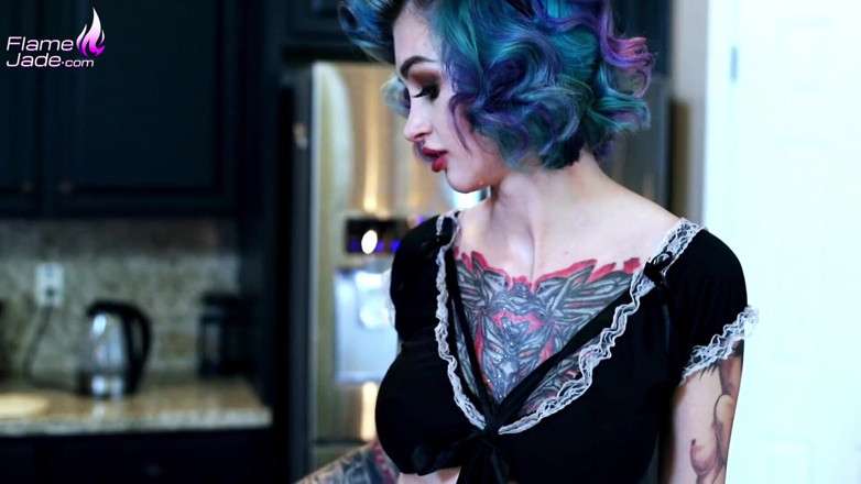 Flame Jade: Lady's maid on kitchen table play ass hole while there...