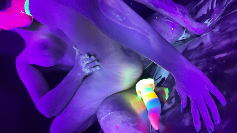 EdgesOfReality: Neon Rave Girl on Girl Dildo Play