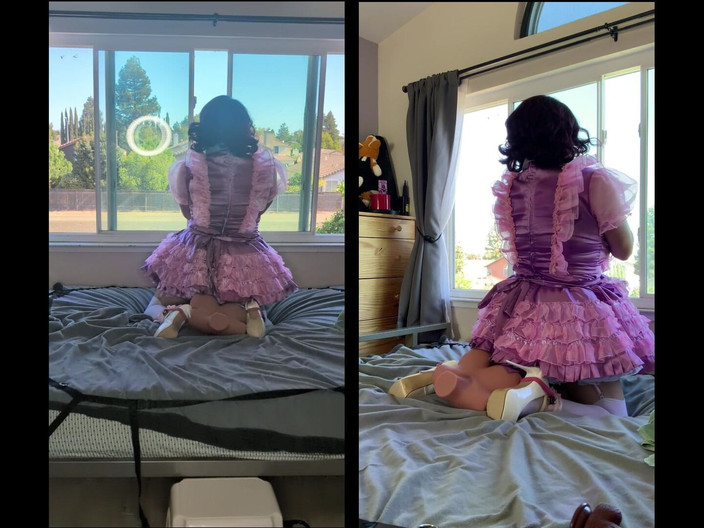 Sissy Candy: Горничная в розовом атласе сисси скачет на своей игрушке для секс-куклы в замке