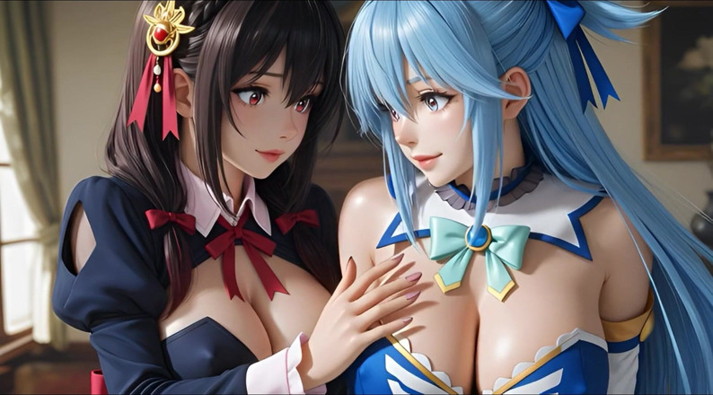 Ianimedia: SFW Aqua et Yunyun de Konosuba, soft, show lesbien, toucher...