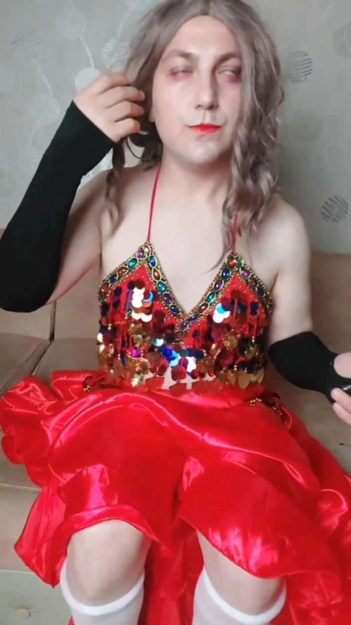 Kitty_Cross: Belly Dancer Femboy in Red Seductive Dress